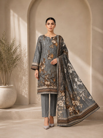 Elegant Grey Floral 3 Piece Lawn Suit