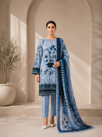 Elegant Sky Blue Floral 3 Piece Lawn Suit