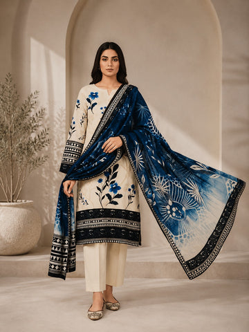 Midnight Blue Floral Elegance 3 Piece Lawn Suit